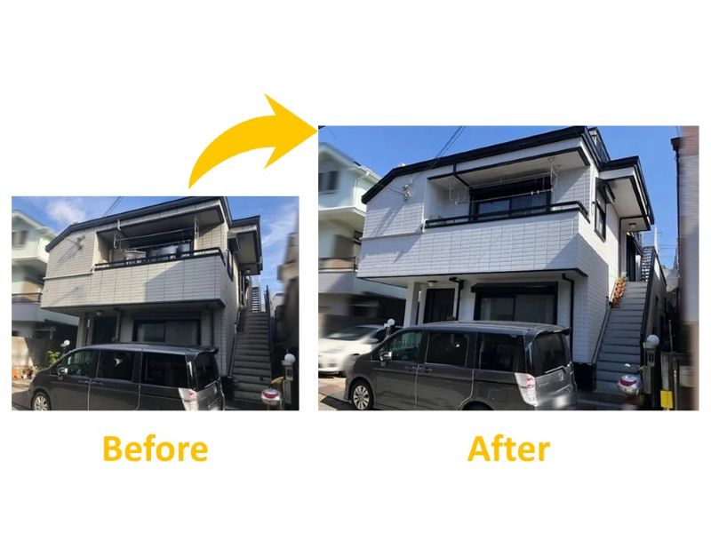 既存色より明るいホワイト系の色味に施工した事例(ビフォーアフター)