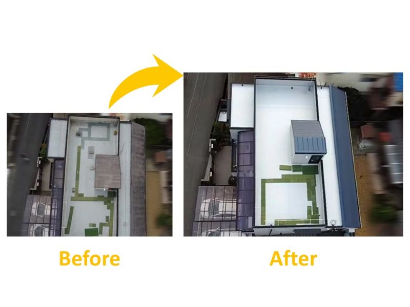 ヘーベルハウスの屋上・下屋根・ベランダの防水工事の施工事例(費用:約170万円)(ビフォーアフター)