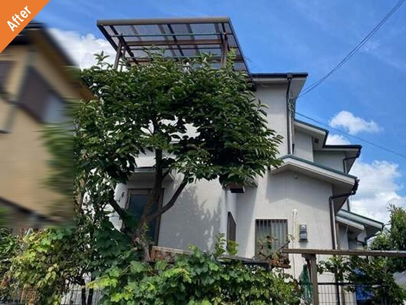 北葛城郡上牧町の外壁塗装後のモルタル外壁(リシン仕上げ)戸建て住宅